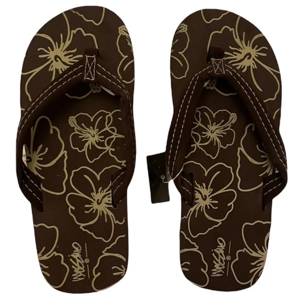 Brown Tropical Flower Flip Flops Casual Floral Unisex Non Gender Kids Size L 3/4